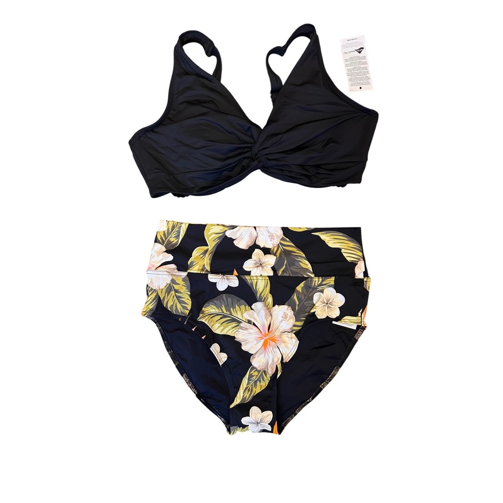 Lands End Womens Bikini Set Black Twist Top Floral High Waist Bottoms 12D NEW